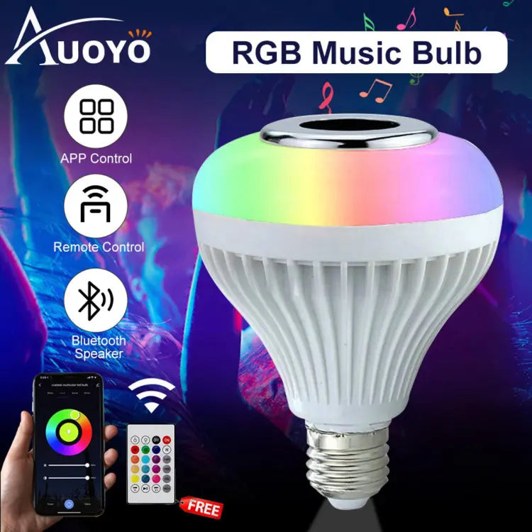 Bluetooth Speaker Bulb Smart LED RGB + Remote Control Wireless Disco Audio Music Multi Color Dimmable Lamp 12W Complete Kit