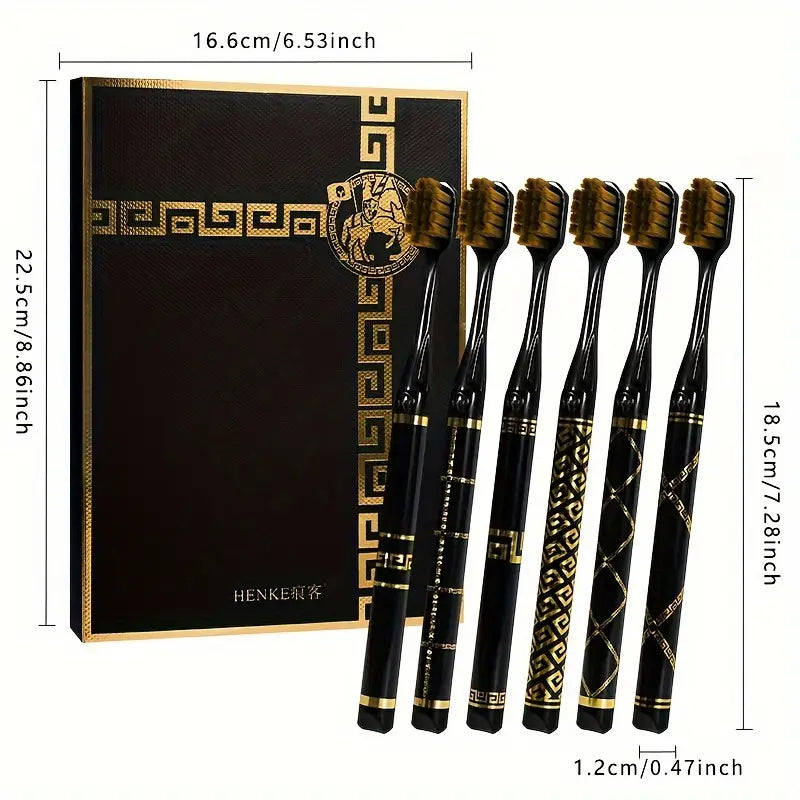 6pcs Luxury Black & Golden Printed Soft Bristle Toothbrushes for Couples