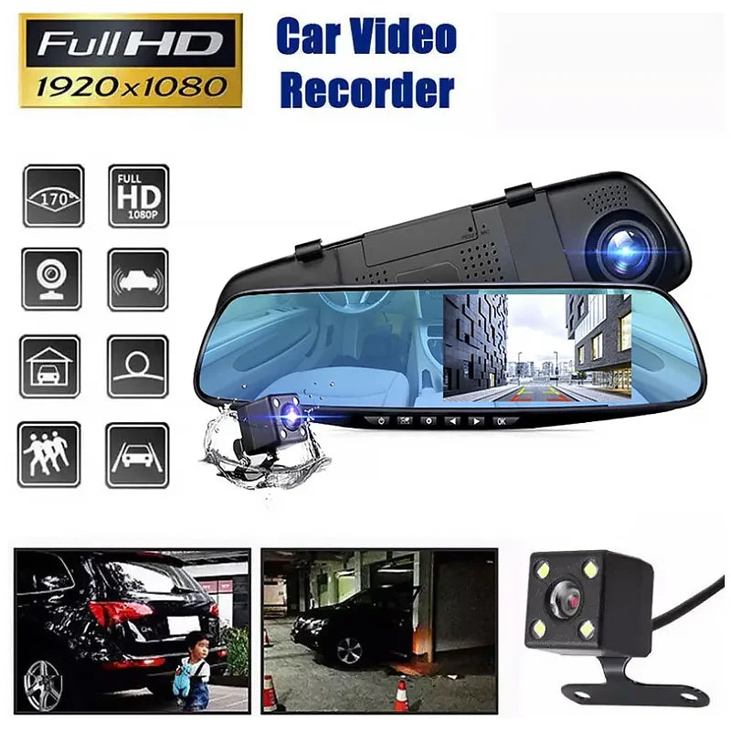 Car DVR Mirror Dash Cam Front And Rear 170 Angle Reversing Camera Digital Video Recorder Backup HD 1080P Dual Lens Night Vision