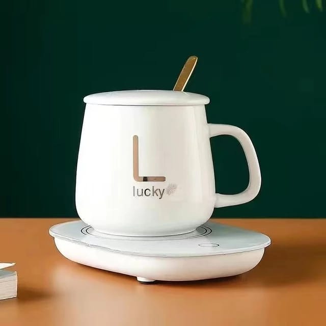 Electric Coffee Cup Warmer for Desk, with Automatic On/Off to Keep  Temperature Up to 104-122℉/ 40-50℃, Include Ceramic Mug, Cover, Spoon, Enjoy Anytime Hot Drinks