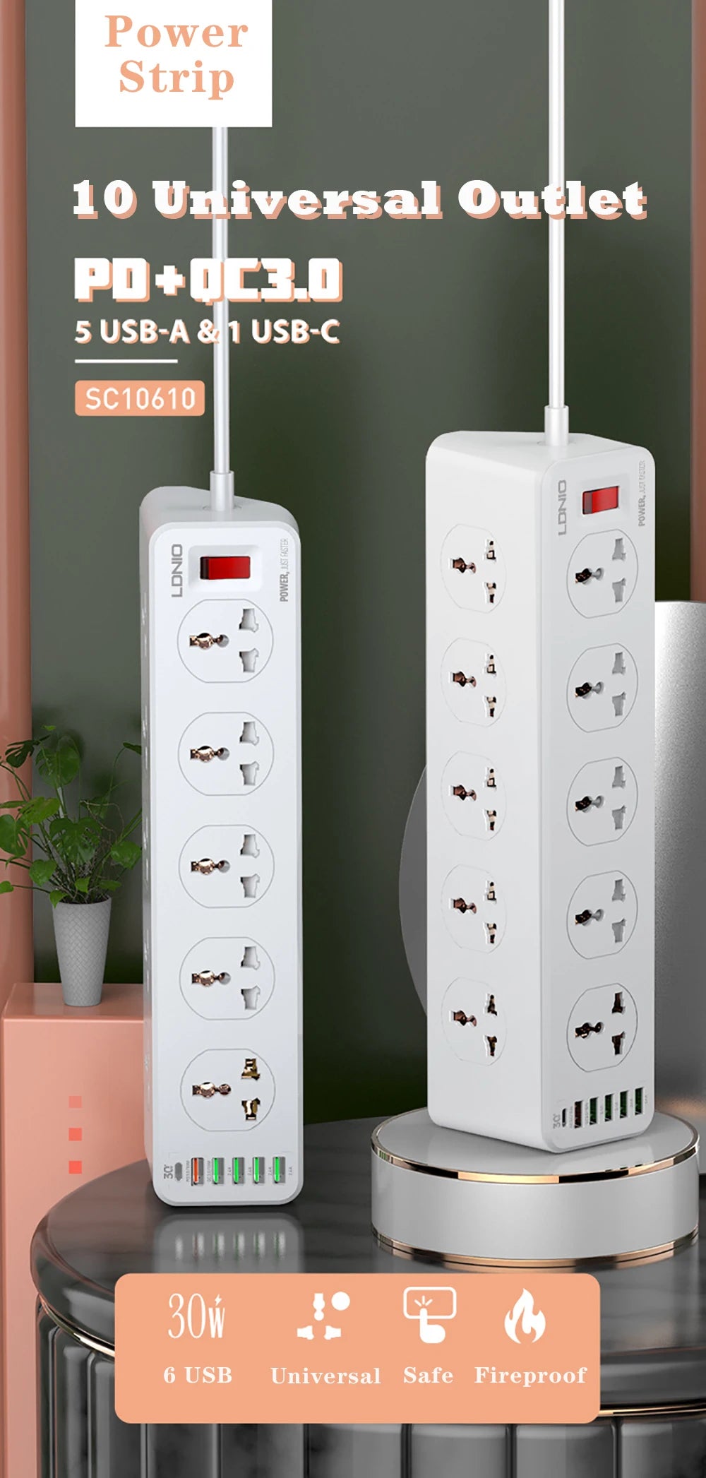 Universal Power Strip Extension Cord Socket 10 Outlet Multi Plug QC PD Fast Charging USB Charger for iPhone 13 12 EU US UK Plug