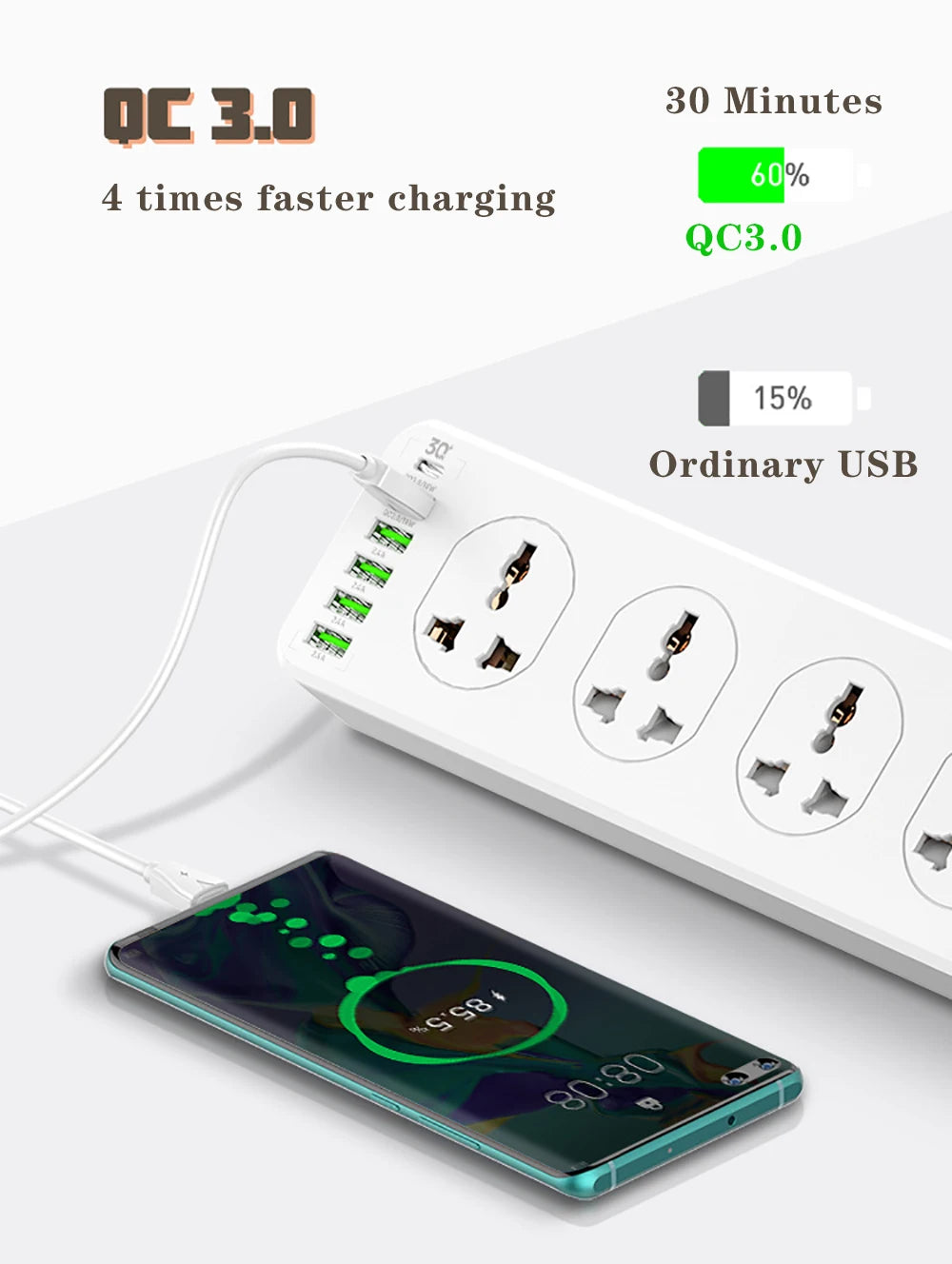 Universal Power Strip Extension Cord Socket 10 Outlet Multi Plug QC PD Fast Charging USB Charger for iPhone 13 12 EU US UK Plug
