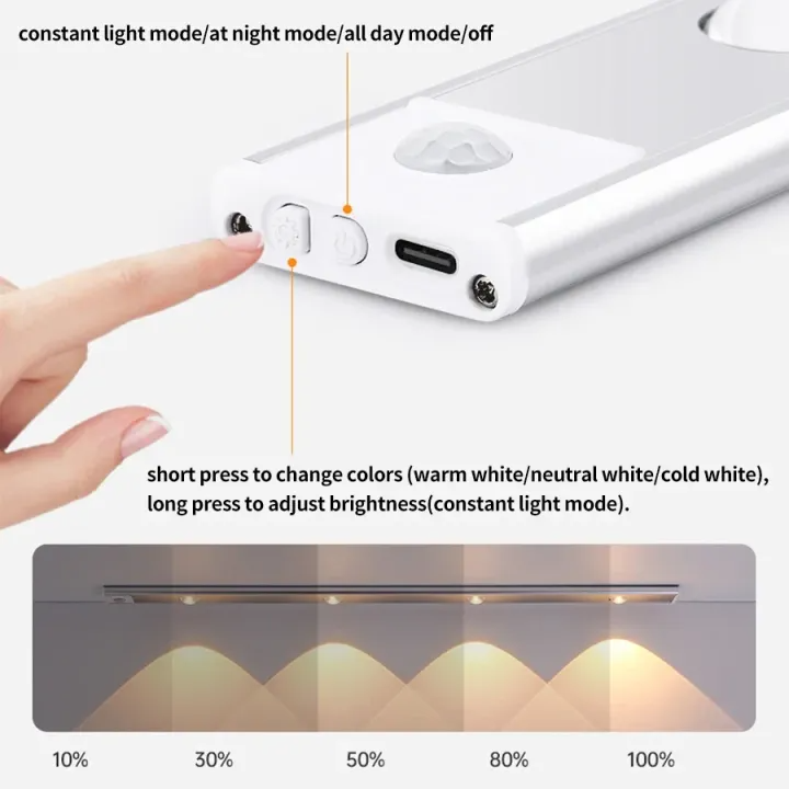 Rechargeable LED Bar Light Motion Sensor 3 Colors Dimmable Night Lamp for Wine Closet Kitchen Wardrobe Cabinet Lighting 20-50cm