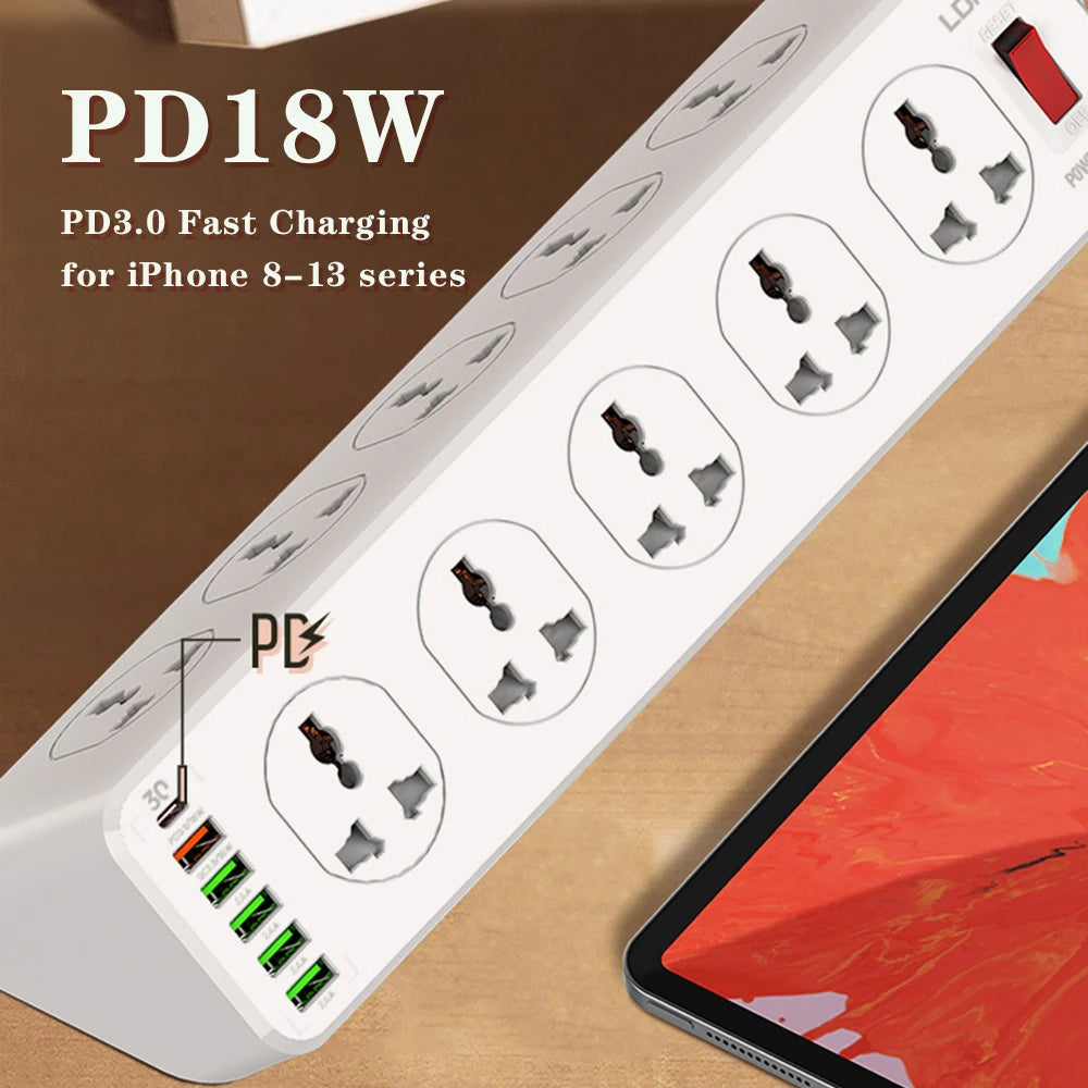 Universal Power Strip Extension Cord Socket 10 Outlet Multi Plug QC PD Fast Charging USB Charger for iPhone 13 12 EU US UK Plug
