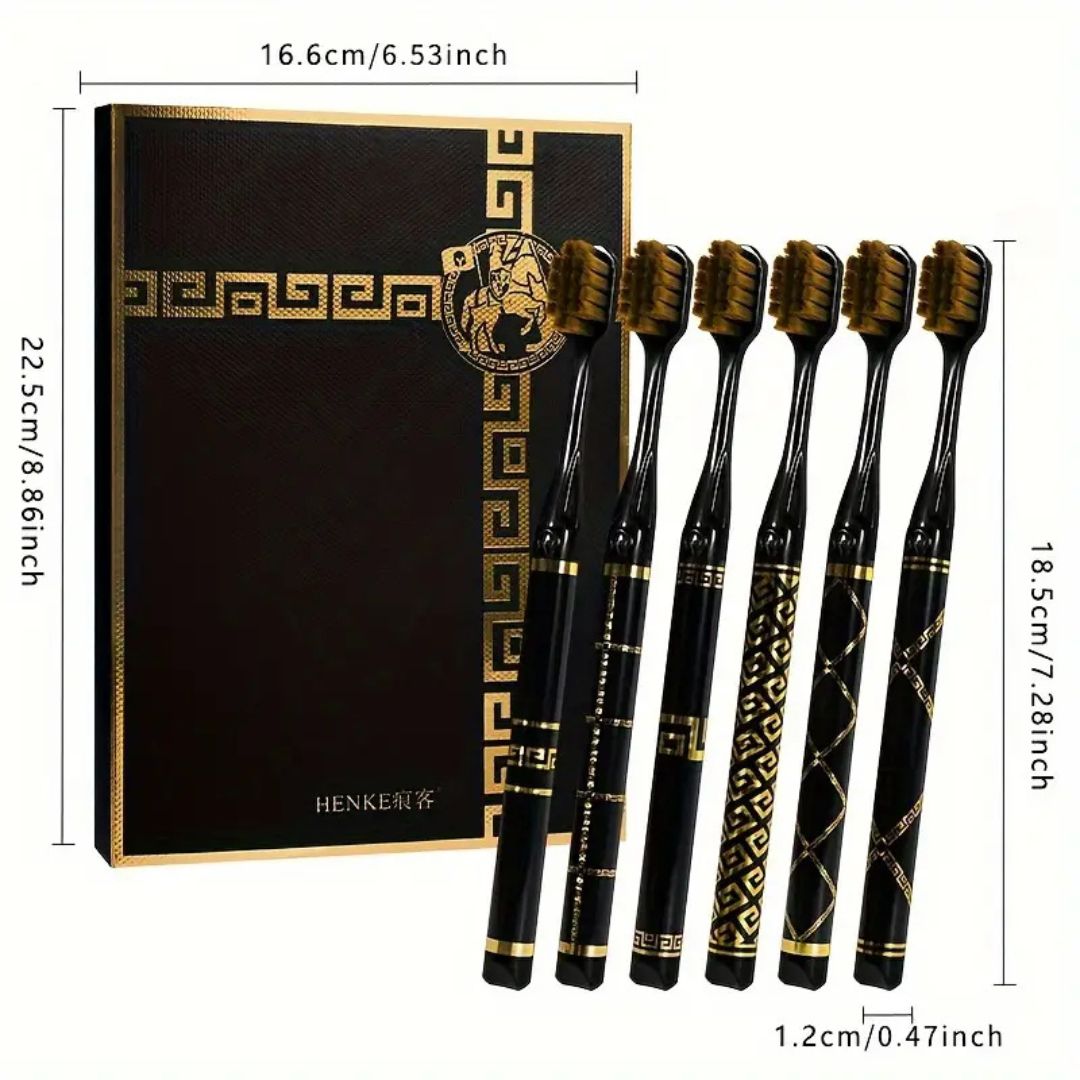 6pcs Luxury Black & Golden Printed Soft Bristle Toothbrushes