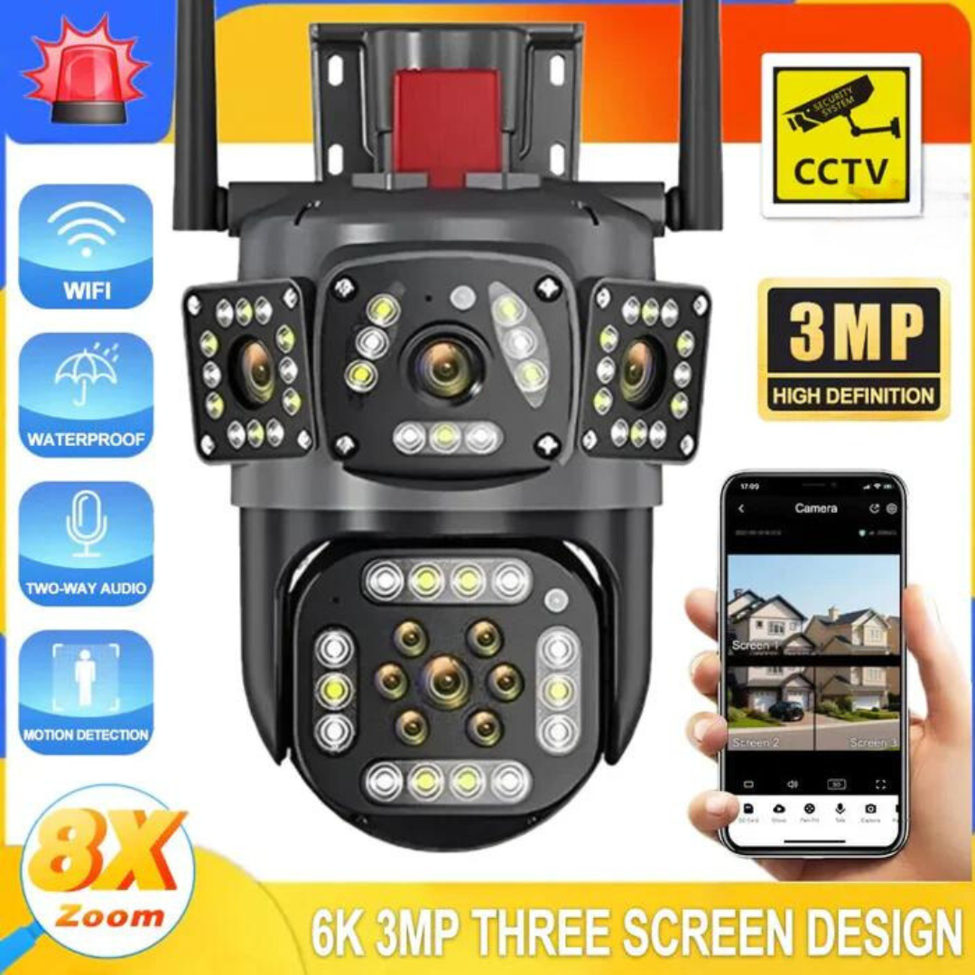 360 PTZ WIFI OUTDOOR SECURITY 3 SCREEN, COLOR NIGHT VISION AUTO TRACKING, WATERPROOF, (2+2) 4MP WITH V380 PRO APP