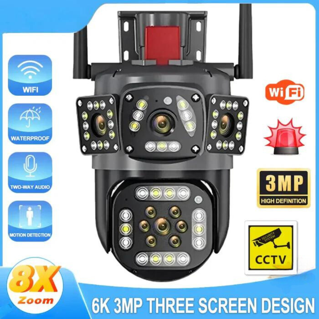 360 PTZ WIFI OUTDOOR SECURITY 3 SCREEN, COLOR NIGHT VISION AUTO TRACKING, WATERPROOF, (2+2+2) 6MP WITH V380 PRO APP
