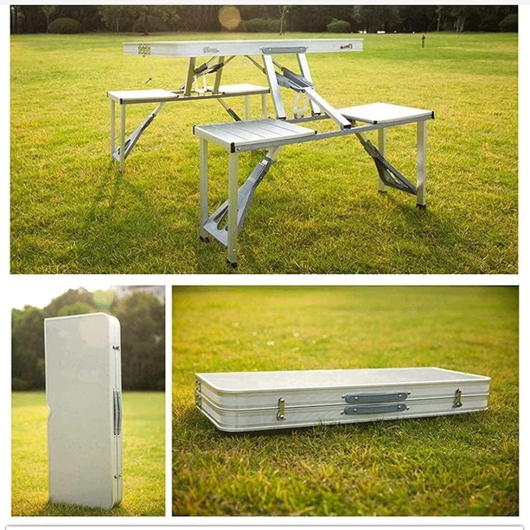 Aluminum Portable Folding Outdoor Picnic Camping Table with 4 Built In Seats 4ft Camp Beach Desk Integrated Style Two Benches