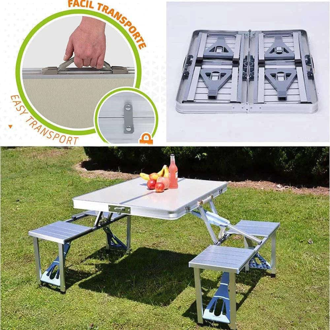 Aluminum Portable Folding Outdoor Picnic Camping Table with 4 Built In Seats 4ft Camp Beach Desk Integrated Style Two Benches