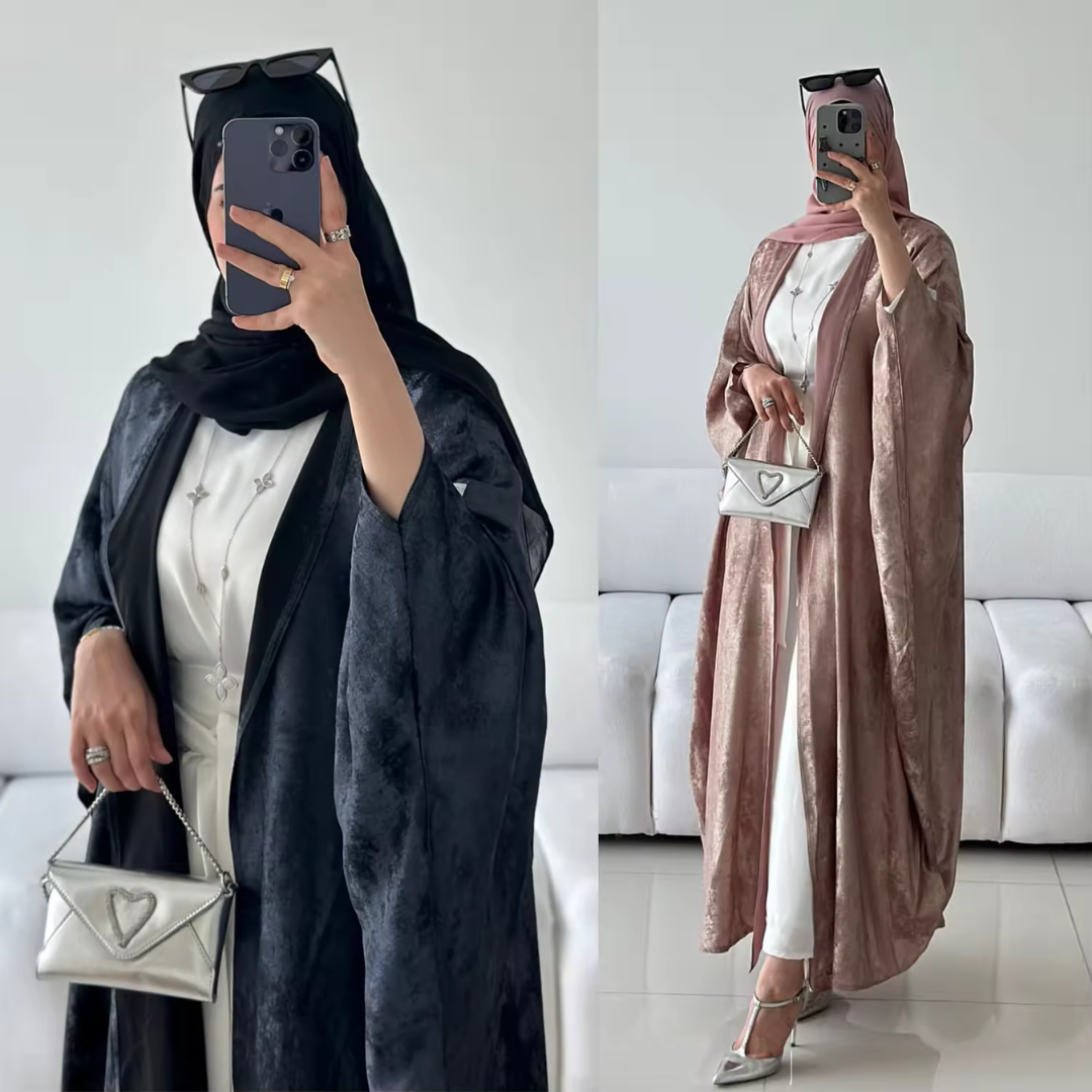 Turkish Modest Kaftan Kimono Elegant Bat Sleeve Shining Sparkly Satin Abaya Women Muslim Dress