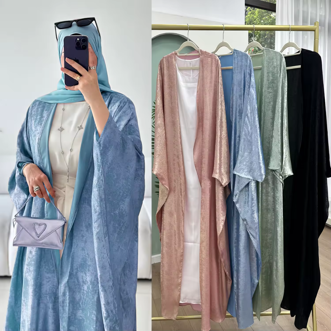 Turkish Modest Kaftan Kimono Elegant Bat Sleeve Shining Sparkly Satin Abaya Women Muslim Dress