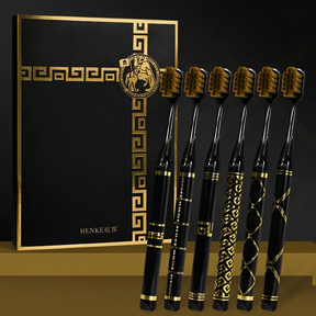 6pcs Luxury Black & Golden Printed Soft Bristle Toothbrushes