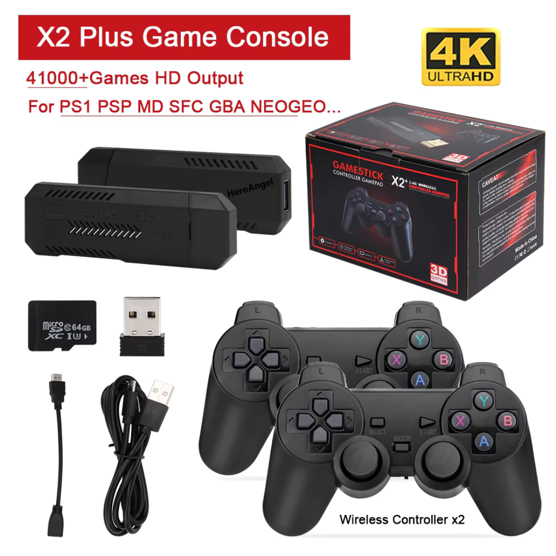 NEW X2 Plus 4K Gamestick Retro Video Game Console 2.4G Wireless Controller HD EmuELEC4.3 System Over 32000/ Games Build-In