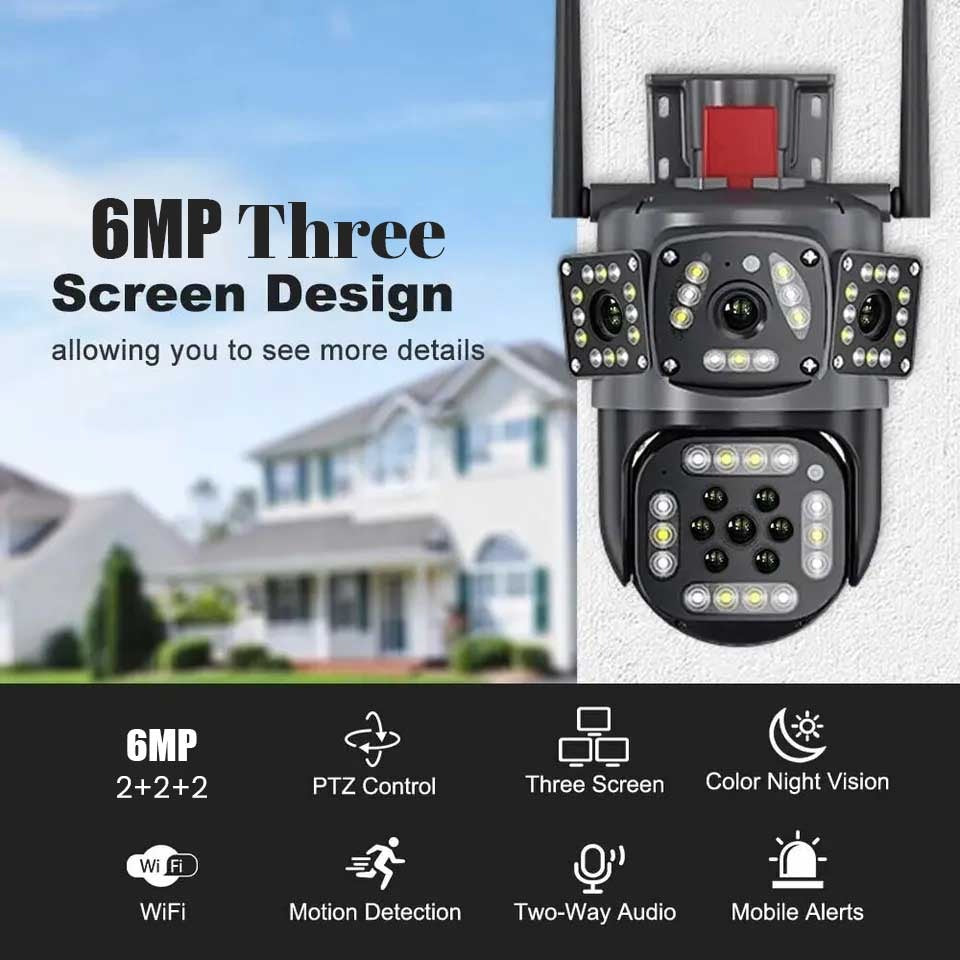 360 PTZ WIFI OUTDOOR SECURITY 3 SCREEN, COLOR NIGHT VISION AUTO TRACKING, WATERPROOF, (2+2) 4MP WITH V380 PRO APP