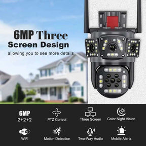360 PTZ WIFI OUTDOOR SECURITY 3 SCREEN, COLOR NIGHT VISION AUTO TRACKING, WATERPROOF, (2+2+2) 6MP WITH V380 PRO APP