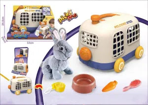 Winter Pet Bus Cage + Plush Rabbit Pure Grey Dutch Rabbit +Bb Whistle + Bus Traction Rope + Sealed Box Packaging Toy for Children′s Toys