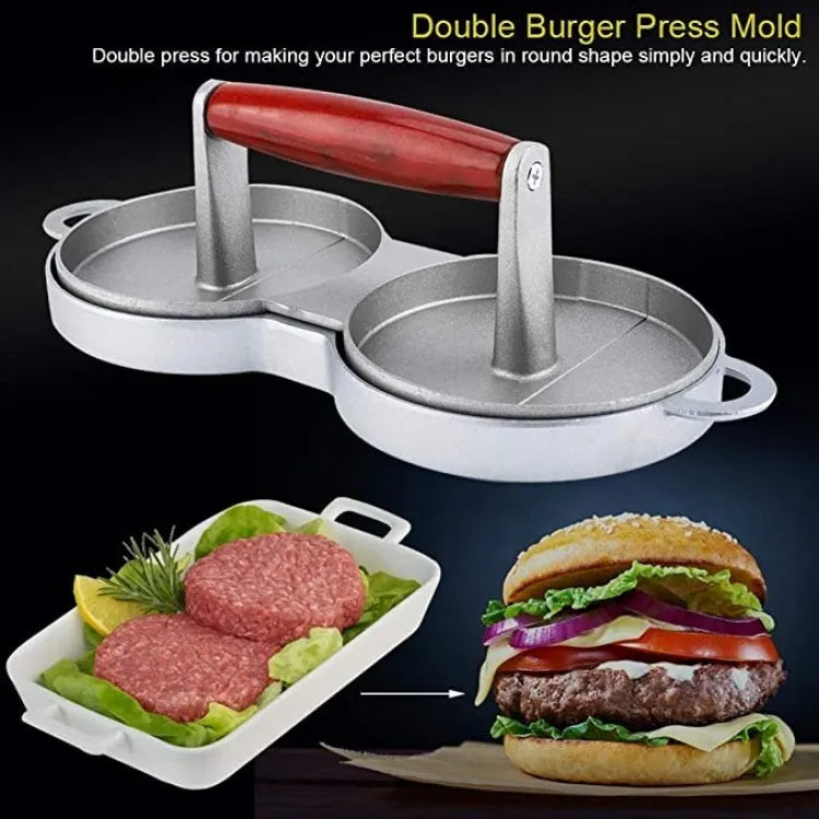 Non-stick Double burger press, Aluminum round manual Hamburger press, Burger patties, Patty press, burger maker, wooden handle, grill accessories, stainless steel, grilling kitchen, beef, turkey, gas grill, kitchen tool, gifts for men.
