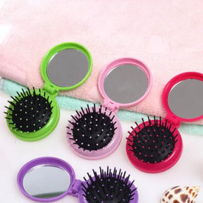 Folding Hair Brush Pocket Comb With Mirror Set Mini Travel Compact Foldable Gift