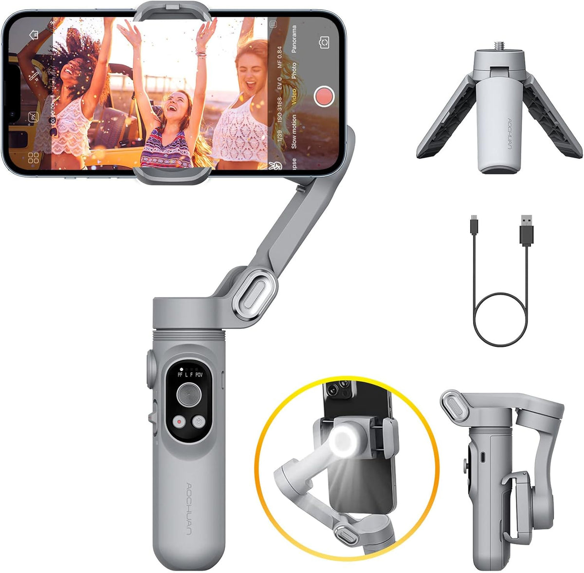 Gimbal Stabilizer for Smartphone w/LED Light Face Tracking Inception Timelapse Handheld Foldable 3-Axis Gimble for iPhone 15 14 13 12 11 Pro Max