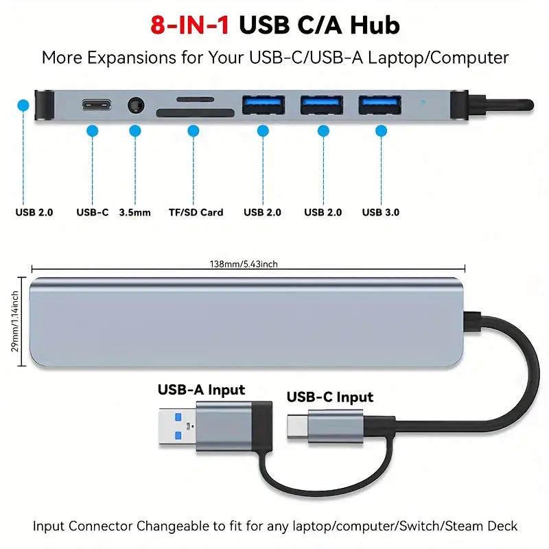 3.0 High speed USB C hub USB splitter 8-in-1 USB extender