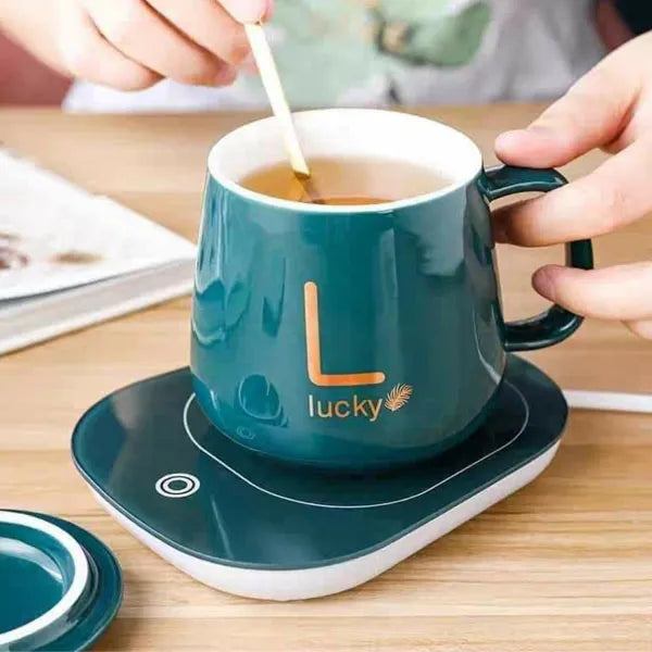 Electric Coffee Cup Warmer for Desk, with Automatic On/Off to Keep  Temperature Up to 104-122℉/ 40-50℃, Include Ceramic Mug, Cover, Spoon, Enjoy Anytime Hot Drinks