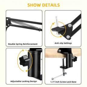 Lomoo Iron Cantilever Mobile Phone Holder, 360 Degree Rotation, Adjustable Angle & Height, Foldable Design, with Desktop Stand for Live Streaming, Teaching & Recording