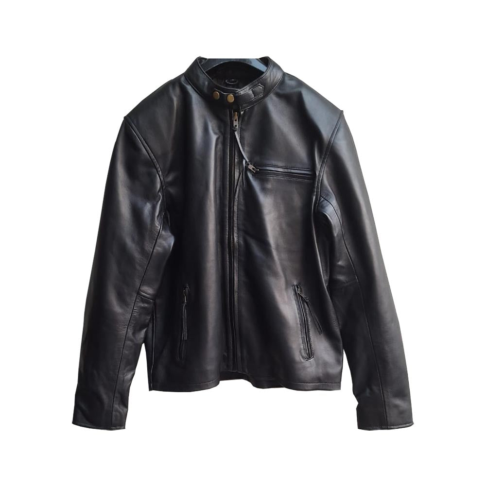 Black Leather Jacket With Upper Zip