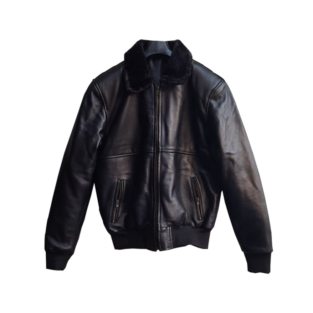 Leather Jacket With Fur Collar – Black