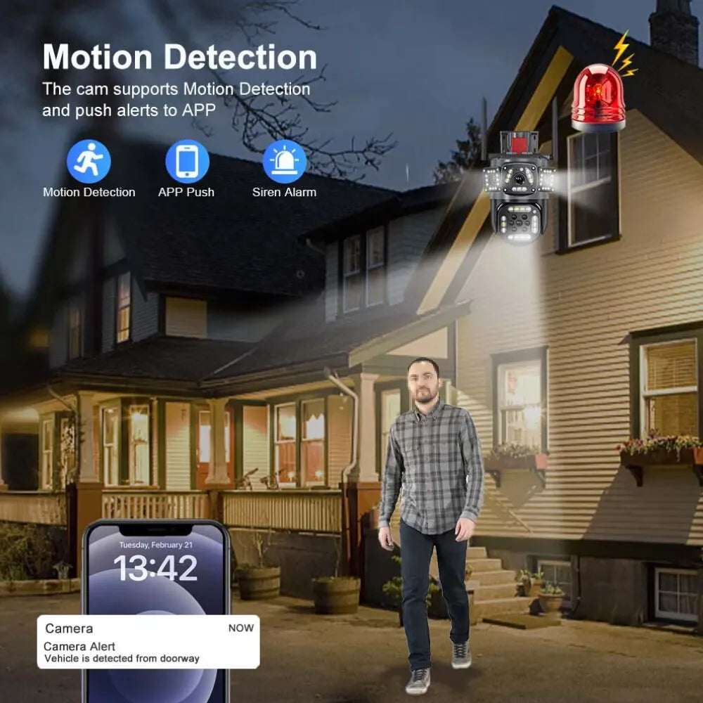 360 PTZ WIFI OUTDOOR SECURITY 3 SCREEN, COLOR NIGHT VISION AUTO TRACKING, WATERPROOF, (2+2) 4MP WITH V380 PRO APP
