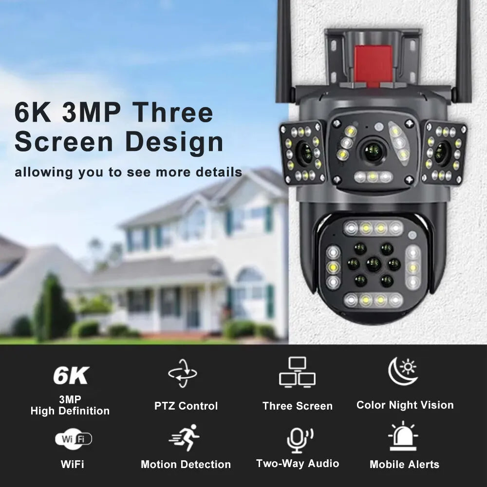 360 PTZ WIFI OUTDOOR SECURITY 3 SCREEN, COLOR NIGHT VISION AUTO TRACKING, WATERPROOF, (2+2+2) 4MP WITH V380 PRO APP