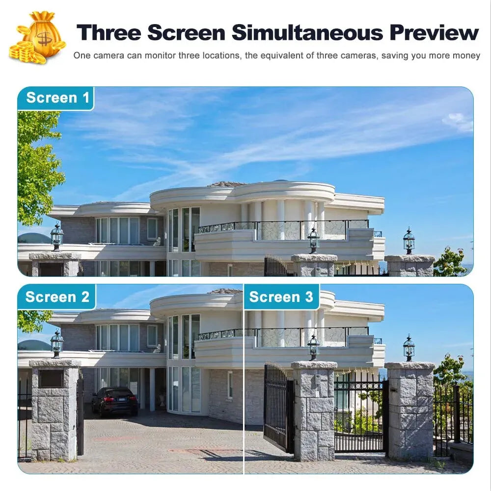 360 PTZ WIFI OUTDOOR SECURITY 3 SCREEN, COLOR NIGHT VISION AUTO TRACKING, WATERPROOF, (2+2) 4MP WITH V380 PRO APP