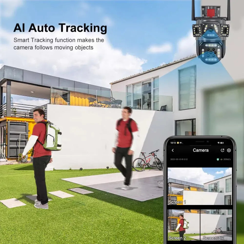 360 PTZ WIFI OUTDOOR SECURITY 3 SCREEN, COLOR NIGHT VISION AUTO TRACKING, WATERPROOF, (2+2) 4MP WITH V380 PRO APP