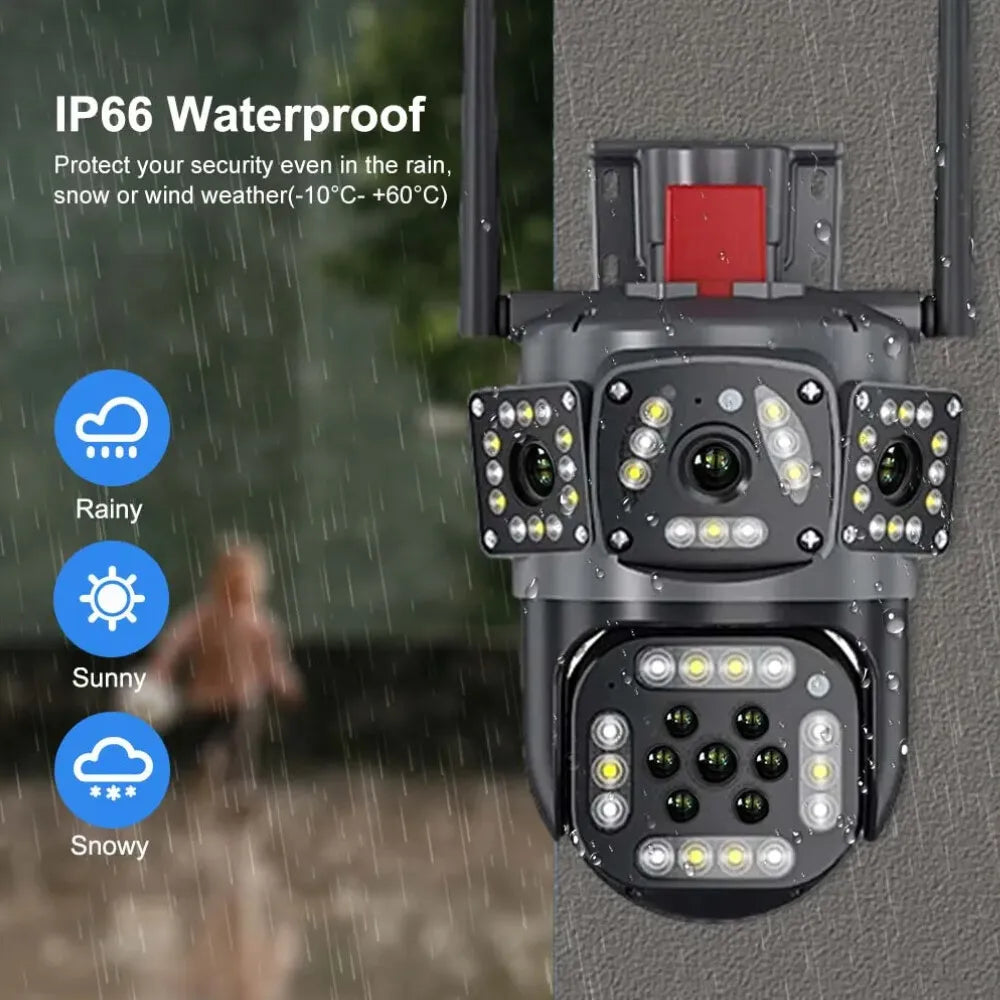 360 PTZ WIFI OUTDOOR SECURITY 3 SCREEN, COLOR NIGHT VISION AUTO TRACKING, WATERPROOF, (2+2) 4MP WITH V380 PRO APP