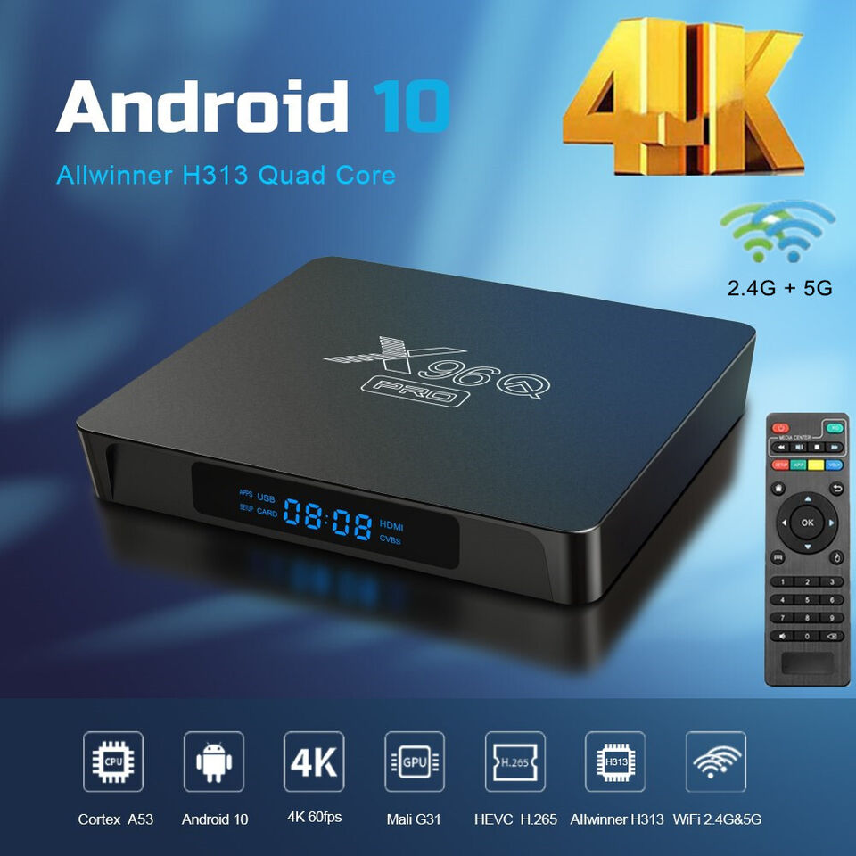 Android 10.0 Smart TV Box Set 4/64GB RAM Quad Core Wi-Fi 4K Media Player X96Q Pro